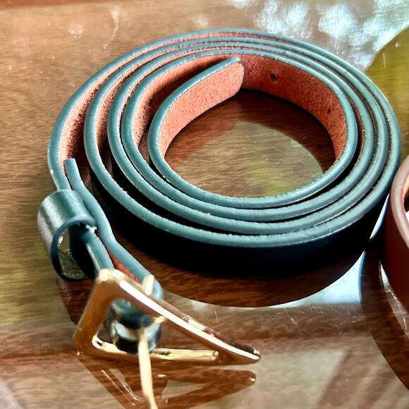 Set of 2 Skinny Belts – Brown & Black with Gold Triangle Buckles – 43” Length - Picture 8 of 11